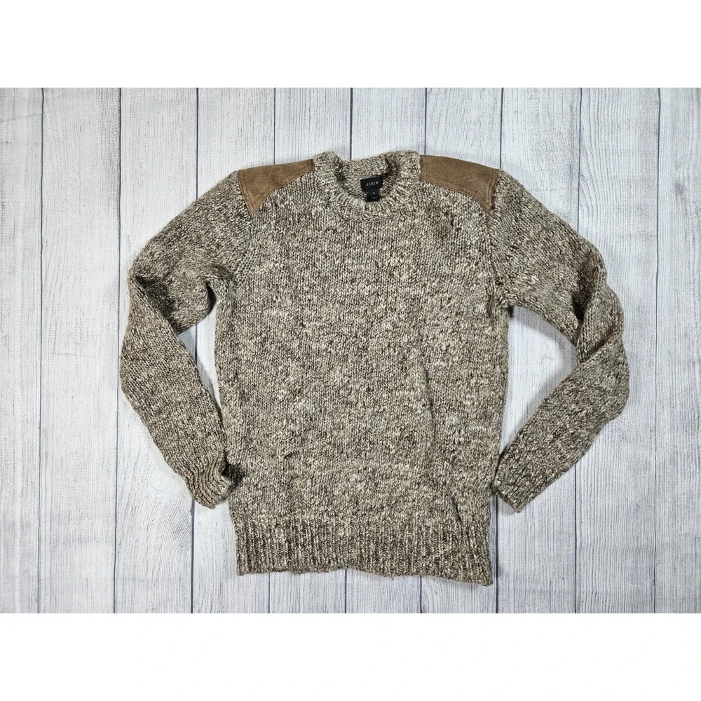 J. Crew Sweater Mens S Tan Brown Wool Alpaca Leather Shoulder Patch Crewneck